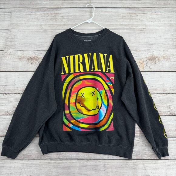 Nirvana Smiley Fce Logo Crewneck Sweatshirt Adult S/M Gray Smiley Face Sleeve - Picture 1 of 12